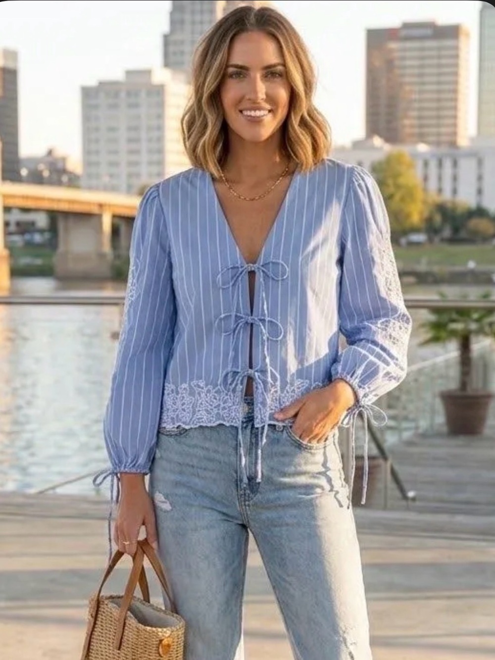 Future Collective Sky Blue Striped Tie-Front Blouse with White Embroidery